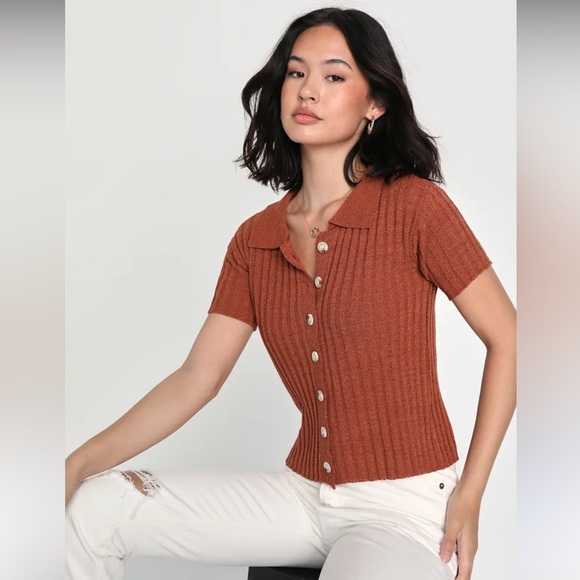 Lulus Pleasant Charm Brown Button-Up Short Sleeve Cardigan Sweater XS - Picture 1 of 12